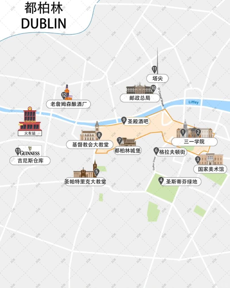 爱尔兰都柏林旅游地图