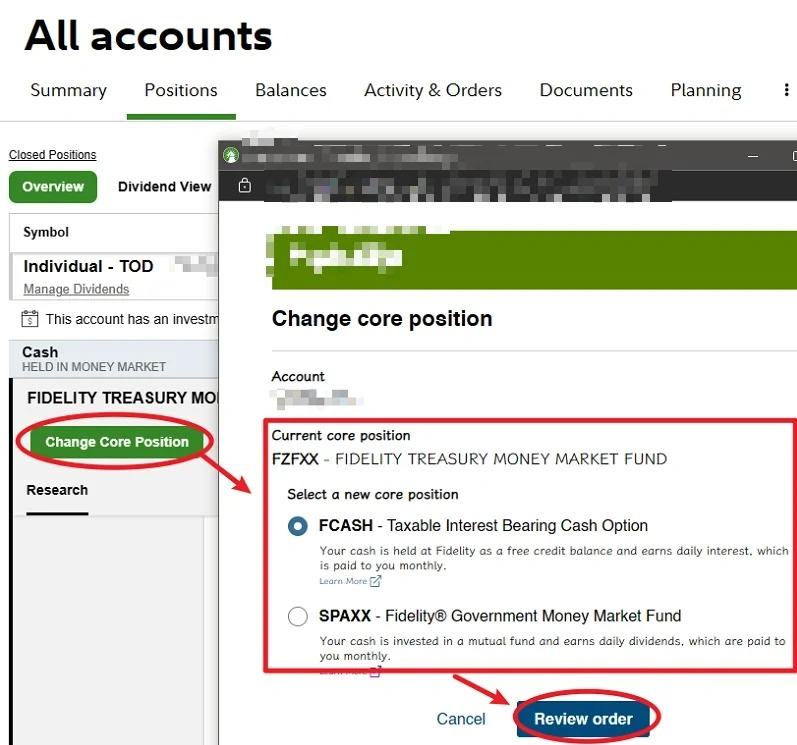 Fidelity投资账户的闲钱如何设置默认自动买入core position